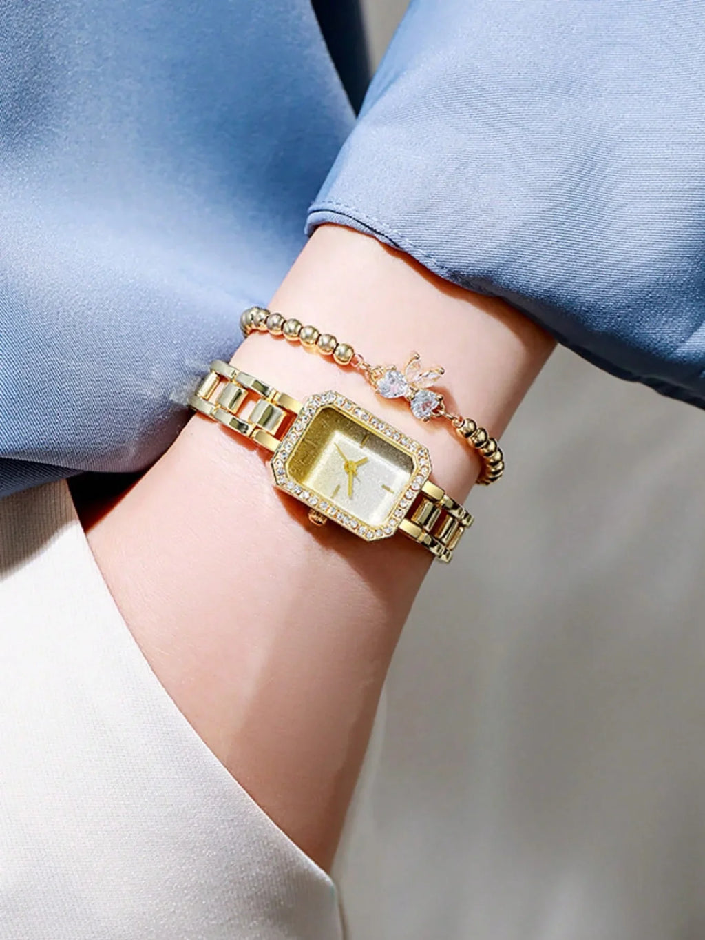 2-piece set of women's watches, women's styles, simple and fashionable, starry sky, diamond studded square watch set Qme