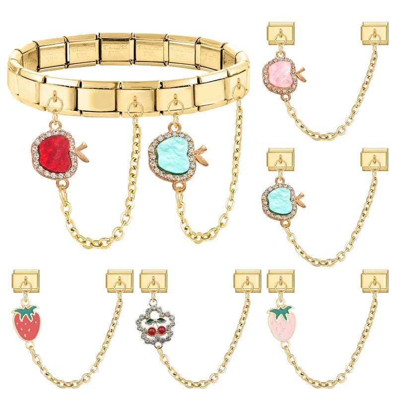 Shiny Zircon Red Apple Fruit Strawberry Cherry Chain Italian Charm Links Fit 9MM Bracelet Stainless Steel Women DIY Making Gifts Qme