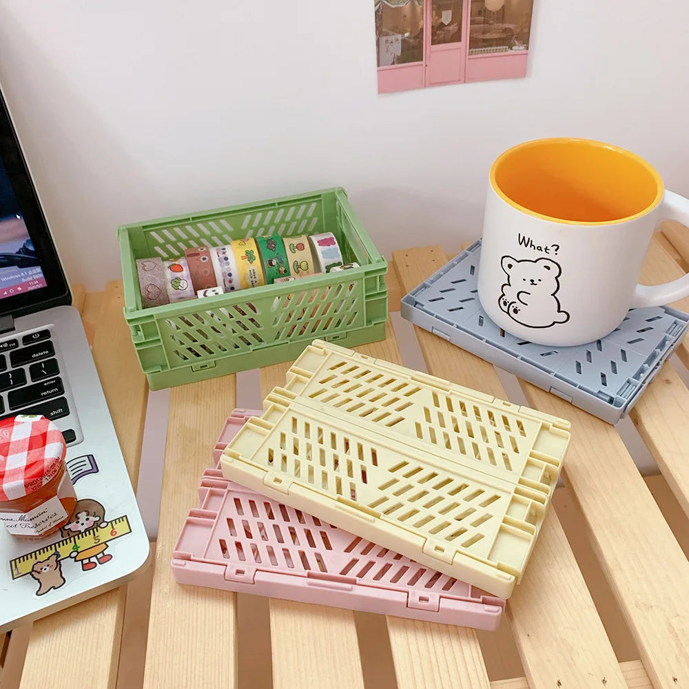 1 Pc Mini Foldable Desk Organizer Box Plastic Space-Saving Design Stationery Storage Basket for Tidy Student Workspaces Qme