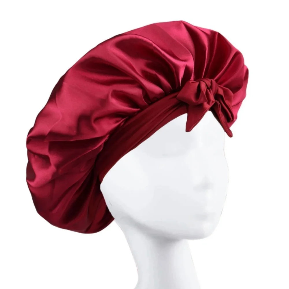 Satin Solid Hair Dye Cap With Stretchy Tie Band Elastic Night Shower Cap Adjustable Hair Head Cover Bonnet Turban For Women Men Qme Burgundy