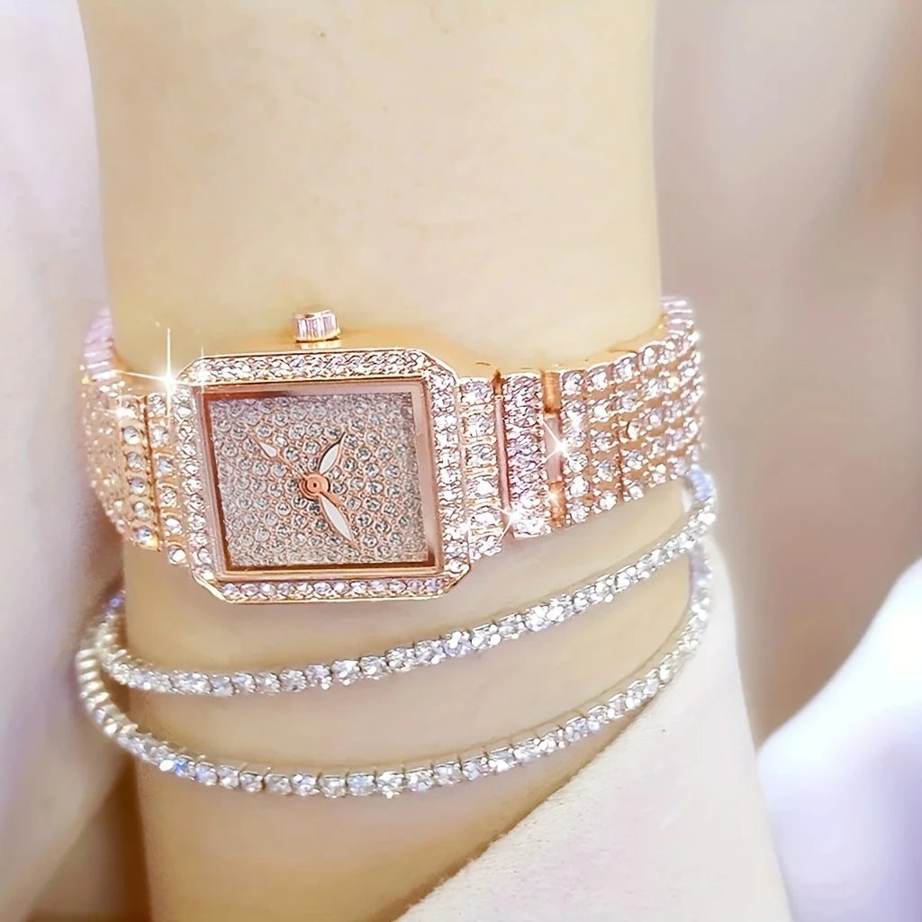 3pcs/set Ladies Watch Luxury Women Watch Crystal Rhinestone Watches Quartz Stainless Steel Strap Wristwatch Square Dial Wrist Qme
