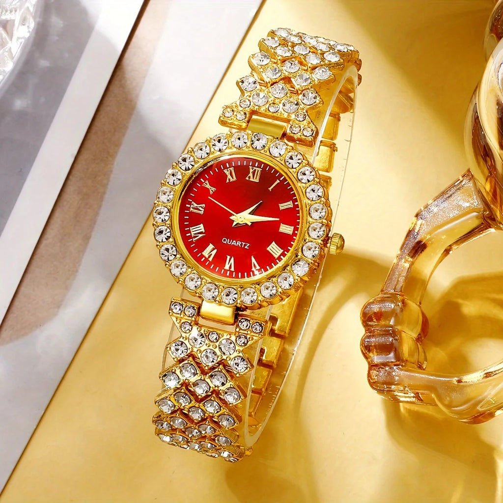 5Pcs Romantic Red Heart Rhinestone Ladies Watch Jewelry Gift Set Qme