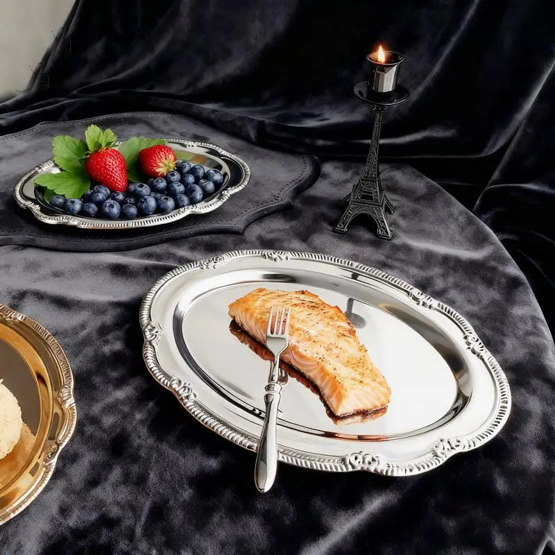 Snack Plate Dining Table Decoration Vintage Embossed Silver Tray Qme