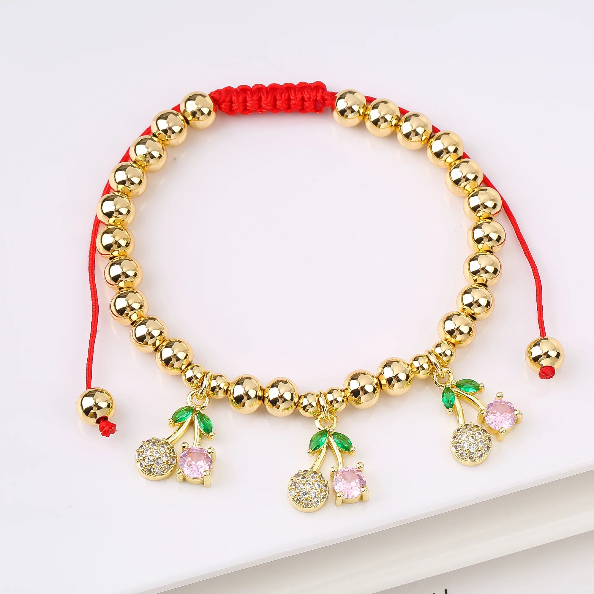 Gold-Plated Copper Bead Chain Braid Crystal Red Cherry Bracelet for Woman Female Daily Party Wrist Jewelry Friendship Gift Qme 13