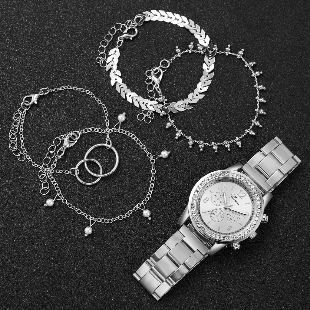 5PCS/Set Fashion Rhinestone Women's Watch Silver Alloy Band Analog Quartz Watches Bracelets Set Qme