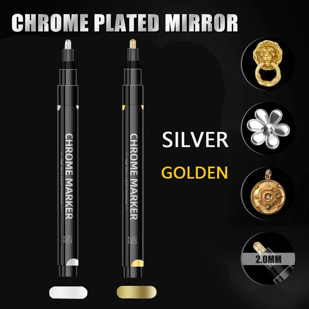 1/2 Pcs Mirror Chrome Metallic Markers, Waterproof Paint Repair,For Rock Ceramic Glass Metallic 2mm Nib, Painting DIY Craft Qme 1 Silver-1 Golden