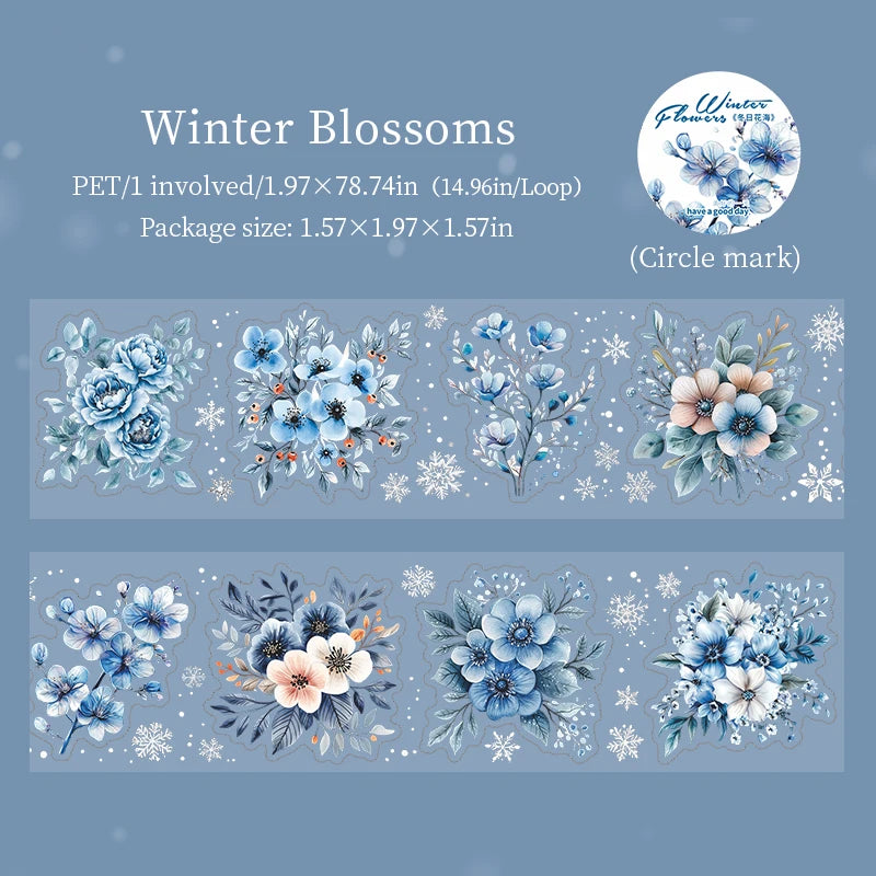 1 Roll Winter Floral Theme PET Material Die-Cut Tape for Journal Diary DIY Scrapbook Collage Decoration Supplies Qme 3