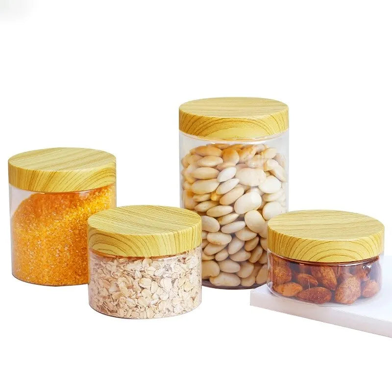 Imitation Wood Grain Sealed Jar Transparent Plastic Food Jar Dried Fruit PET Flower Tea Biscuit Box Food Packaging Bottles Qme