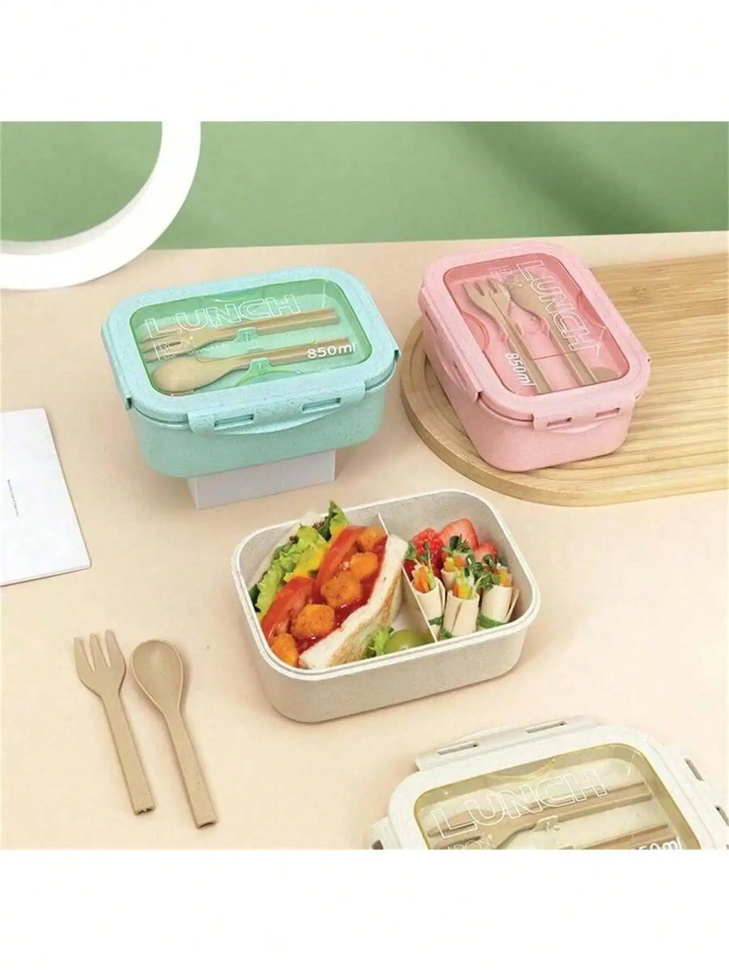 Lunch Box Two Compartments Built-in Cutlery Reusable Microwave Heated Qme