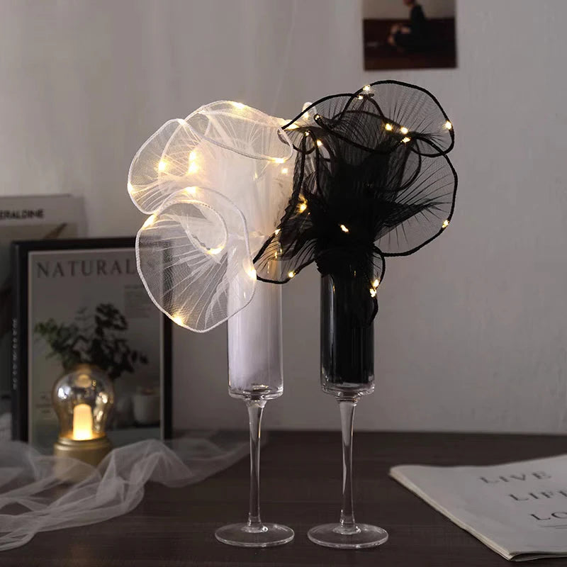 1Pcs LED Flower Wrapping Paper With Lights Lace Mesh Wave Yarn Florist Bouquet Packaging Decoration Wedding Birthday Gifts Qme