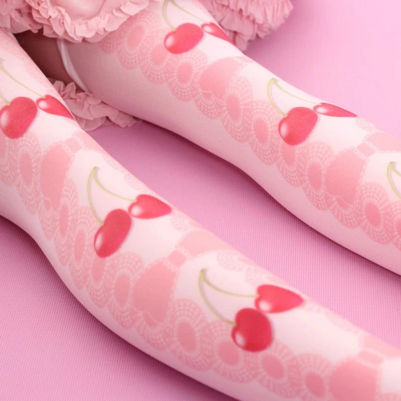 Cute Pink Princess Lolita Over Knee Stockings Love Bow Printed Girl Qme