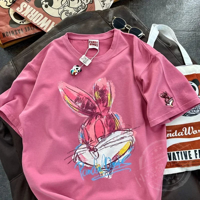 Spring New Korean Cartoon Rabbit Painting Leisure Half Sleeve Round Neck Pullover Cotton Short Sleeve T-shirt Female Qme MH XXXL