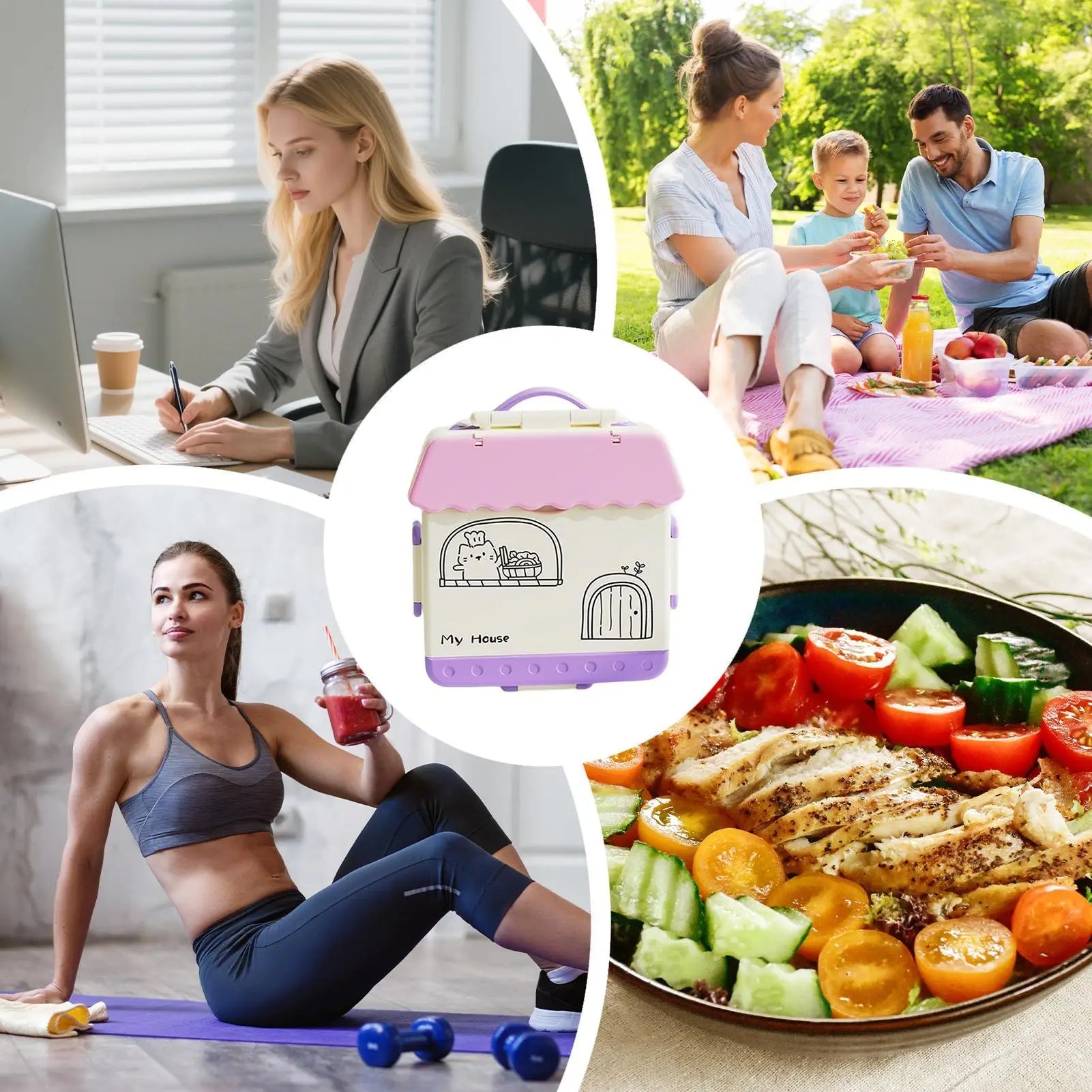 Lunch Box Kids Food Storage Bin 4 Compartments Spoon Fork School Qme