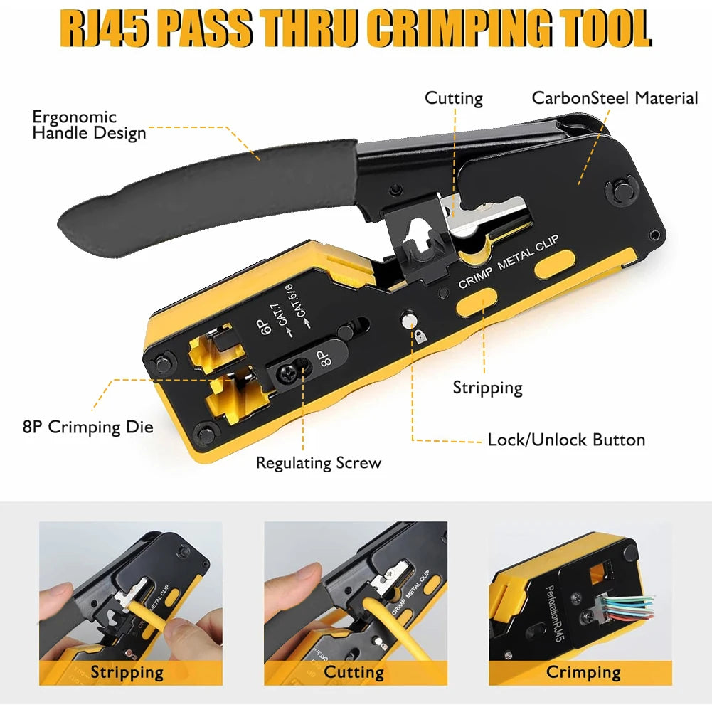 RJ45 Crimp Tool Kit, Network Cat5 Cat6 Cat7 Crimping Tool Repair Kit Includes Cable Tester,KD-1 Wire Cutter Qme