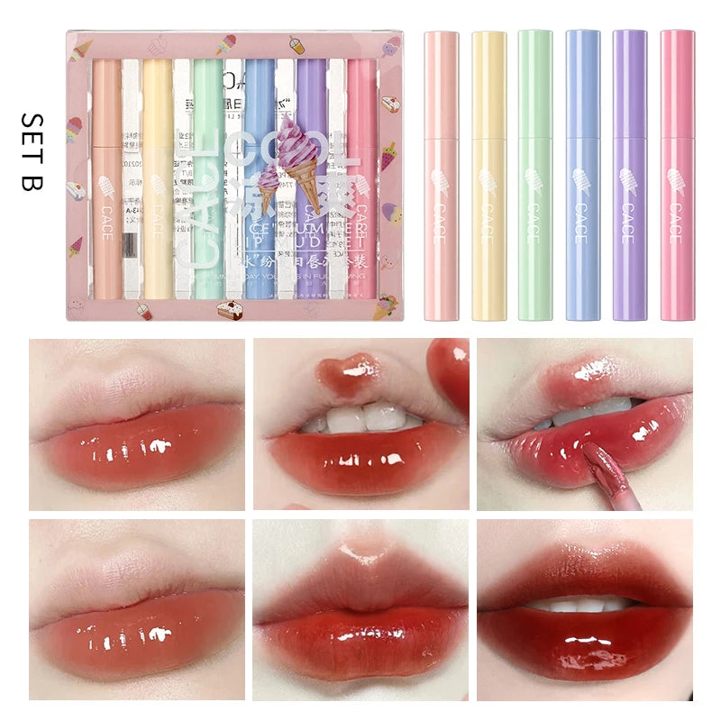 6PCS/Set Matte Liquid Lipstick Sets Lip Glaze Tube Waterproof Long Lasting Moisturizing Sexy Red Lip Gloss Cosmetic Kit Lip Tint Qme Mirrored Lip Sets