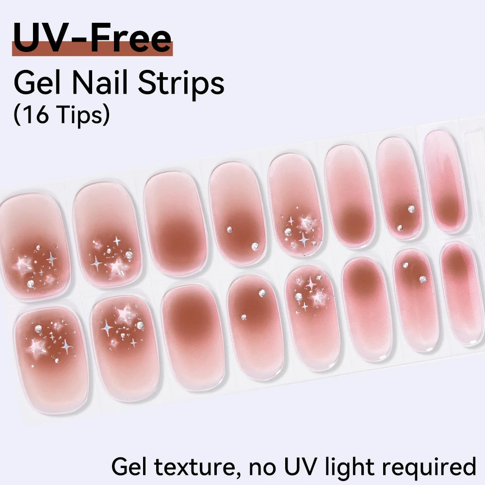 16Tips Pink Red French UV-Free Gel Nail Stickers Sparkly Shinning Qme CMK-0127