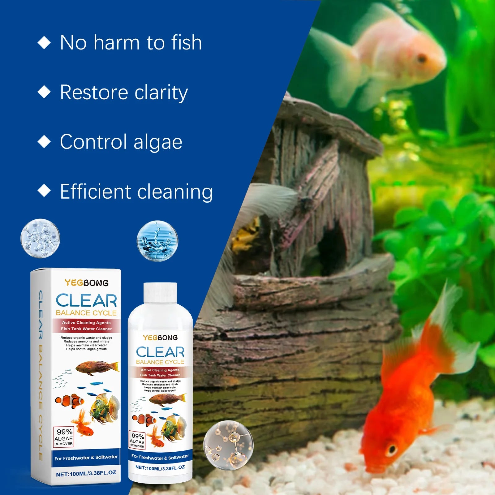 Fish Tank Water Clarifying Agent Quick Clean Stains and Sludge Control Algae Growth Water Purification Fish Tank Water Cleaner Qme