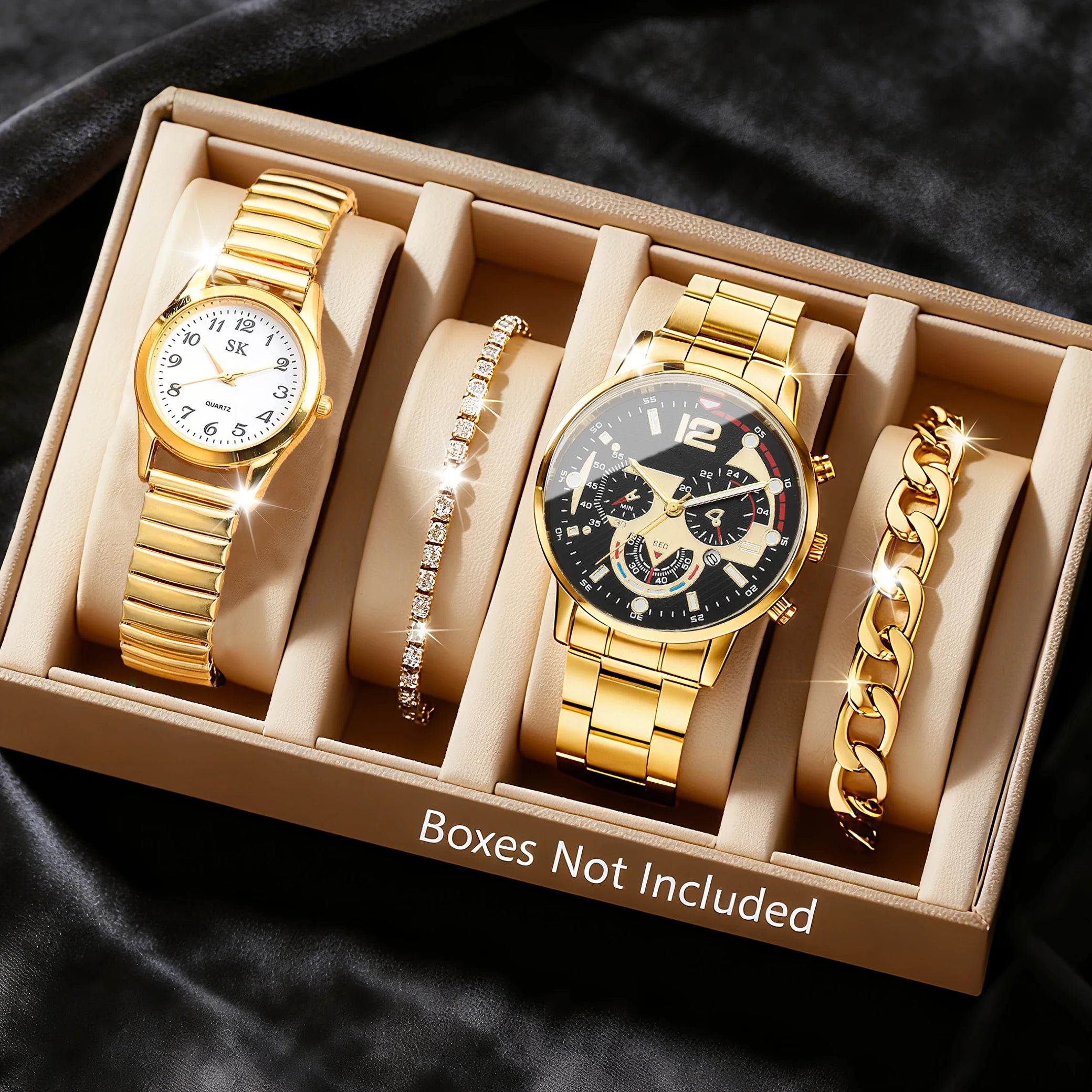 4pcs Fashion Couple's Watches Bracelets Set Men Calendar Business Watches Ladies Elastic Band Wristwatch（Without Box） Qme Gold No Box