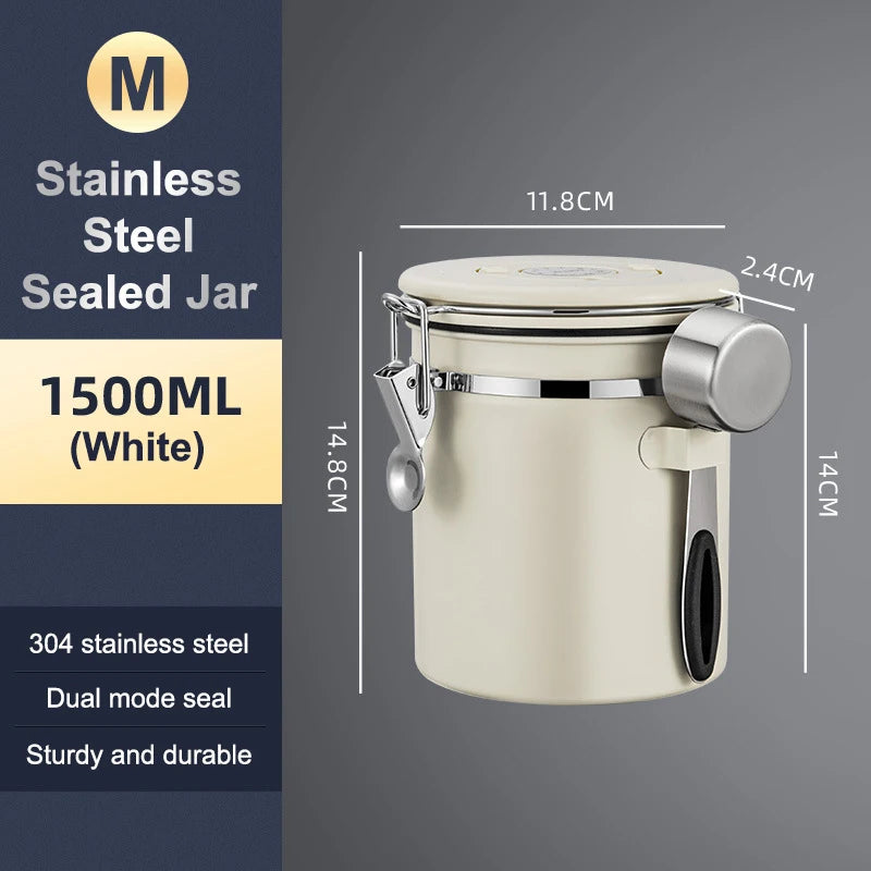 1 2 5 Coffee Bean Jar Airtight Canister Sealed Stainless Steel Spoon Qme 1500ml White