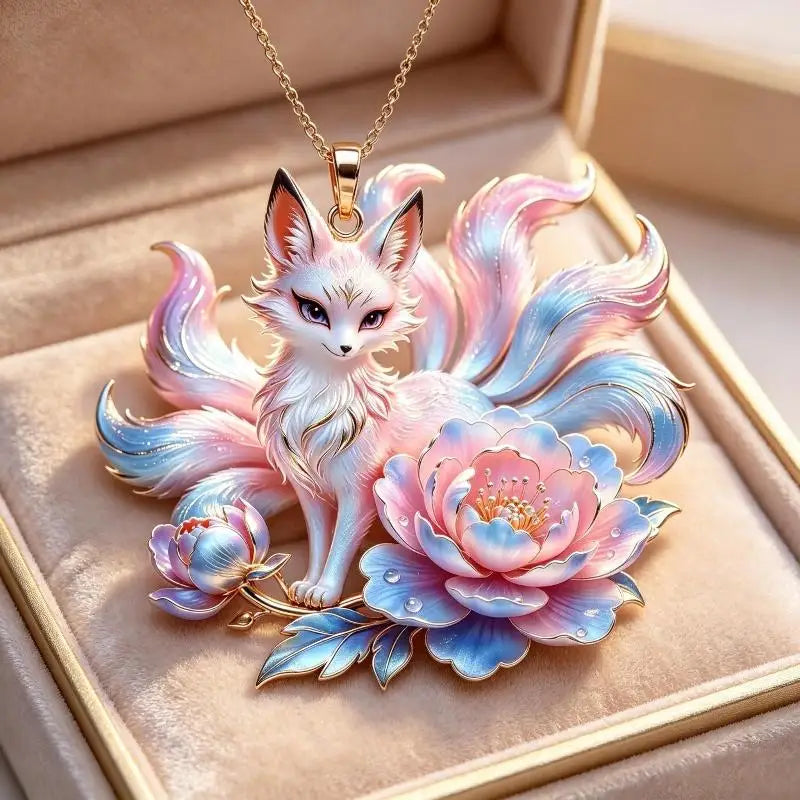 Nine Tailed Fox Pendant Necklace Unique Peony Flower Design Gold Plated Jewelry for Women Gifts Qme