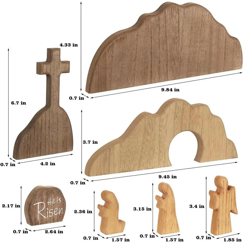Easter Tomb Scene and Cross Decorations, 7-Piece Wooden Easter Easter Cross and Tomb Tray Set, Desktop Christian Gift, Nativity Qme A CN