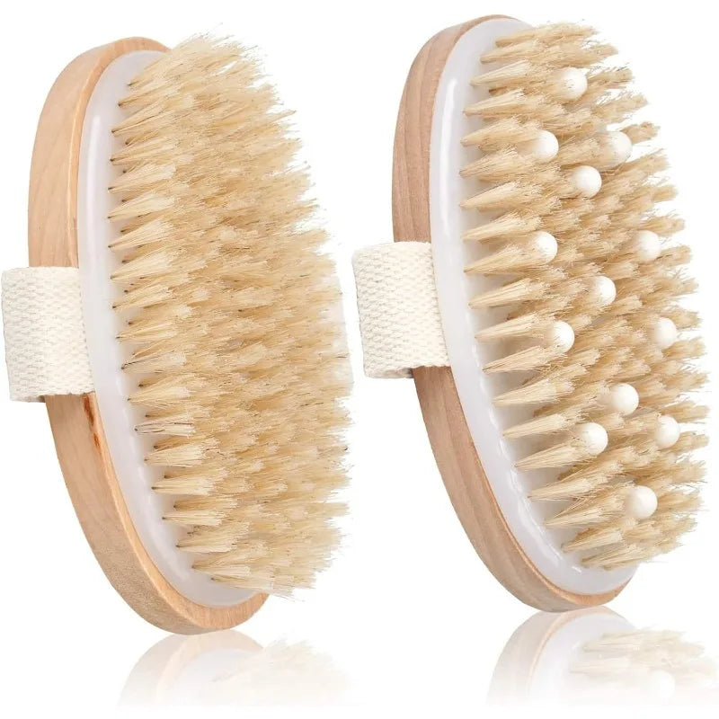 Dry Brushing Body Brush Natural Bristle Exfoliating Massage Nodes Qme 2Pcs Kit