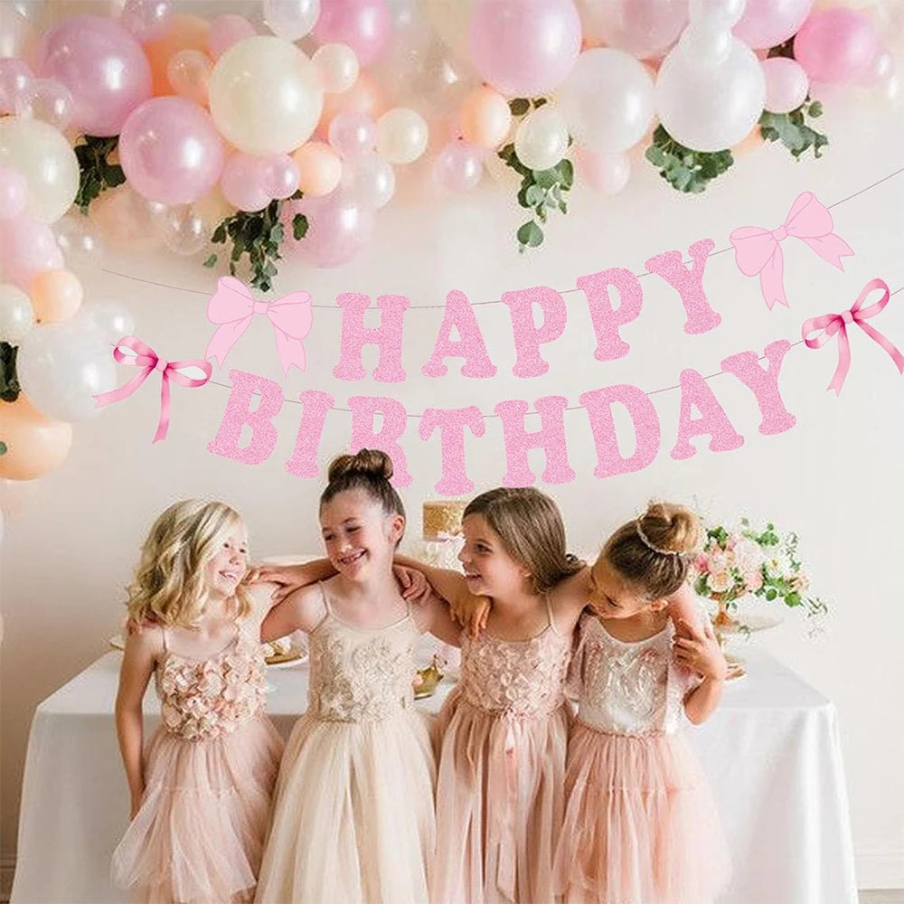 Bow Party Flag Decoration Set Pink/Blue/Black Bow Happy Birthday Banner Party Decor Bow Spiral Hanging Decor Scene Decor Props Qme