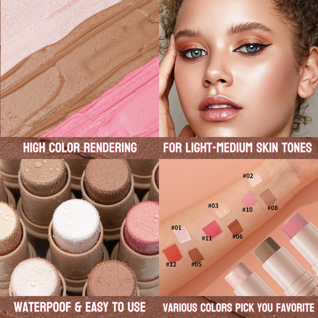 Contour Sticks, Highlighter Stick, Blush Stick, 3-Piece Cream Contour Set Including Contour Brush, Creates Facial Contours Qme