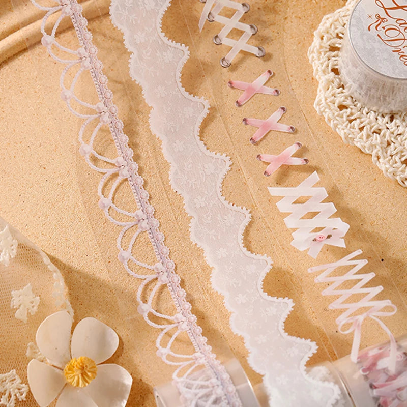 3 Rolls Imitation French Palace Lace Border Washi Tape, Elegant White Lace Stickers for Junk Journal Decoration Qme
