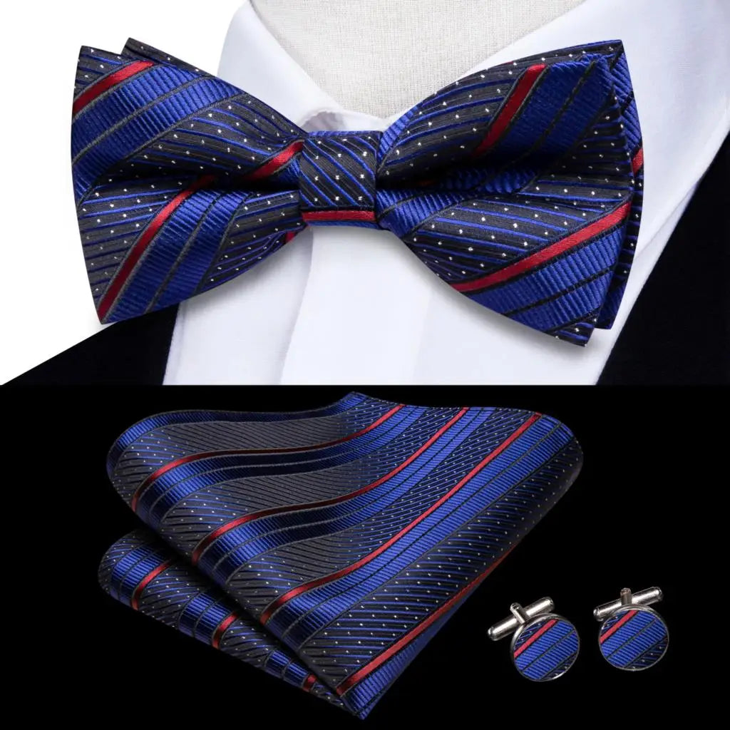Hi-tie Striped Black Red Mens Bow Tie Hankerchief Cufflink Pre-tied