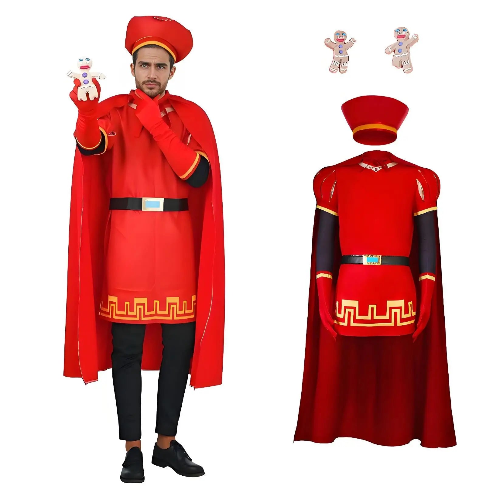 Adult Lord Farquaad Costume King Outfits Set with Red Hat Cape Gloves Belt Fancy Dress Up for Halloween Party Cosplay Costume Qme Red M