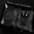 Men's all black octagonal Arabic numeral watch Cuban bracelet cross necklace ring four piece set, not including gift box Qme Black A