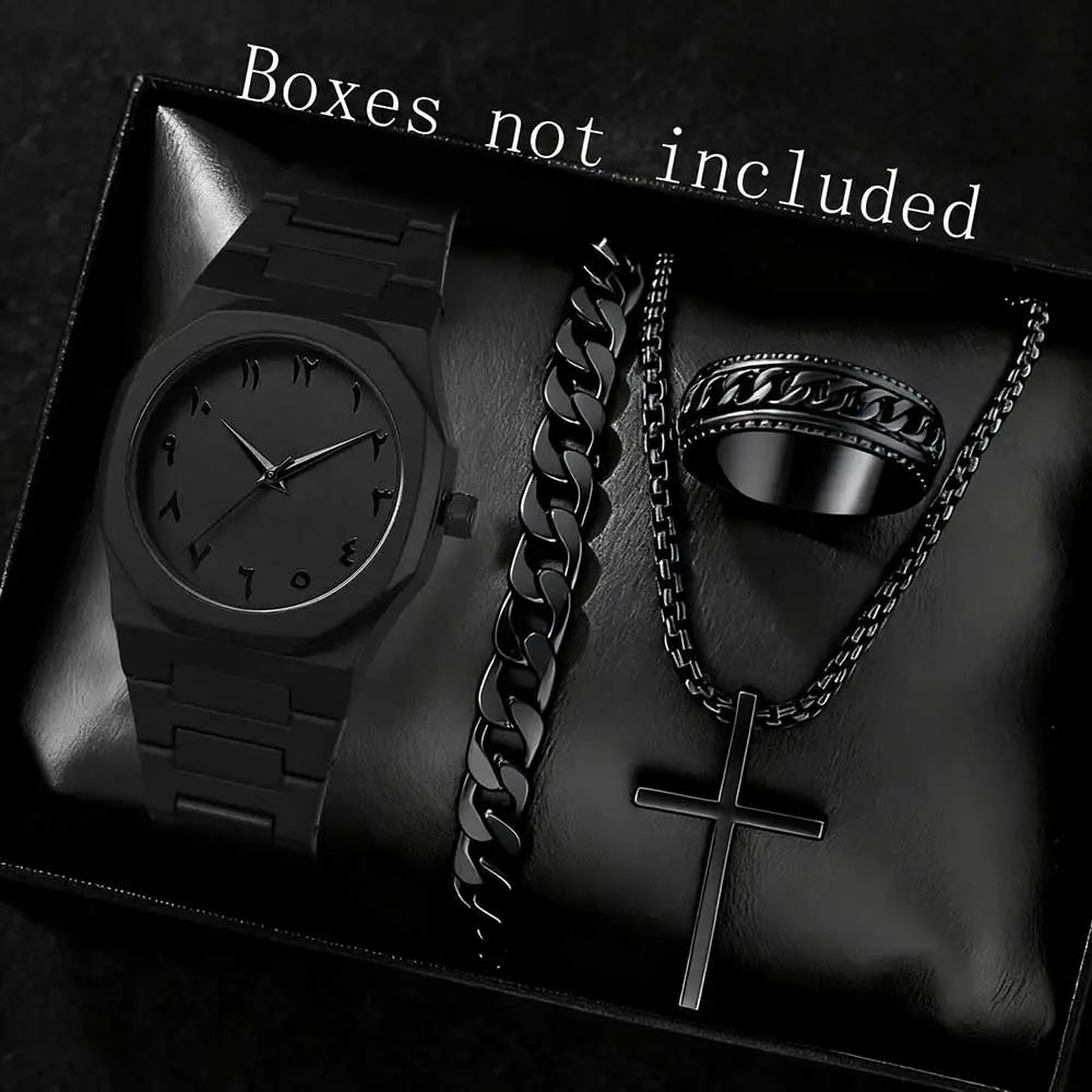 Men's all black octagonal Arabic numeral watch Cuban bracelet cross necklace ring four piece set, not including gift box Qme Black A