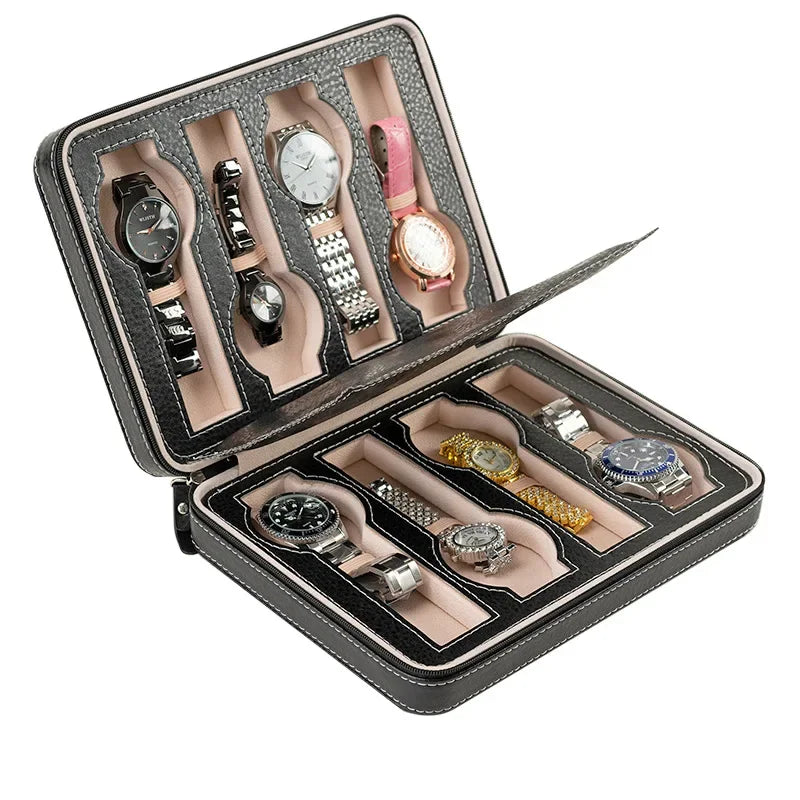 New Travel Dustproof Embedded Watch Box Zipper Portable PU Leather Storage Case Watch Display Box For Trips And Gifts Qme 8 Grids Black
