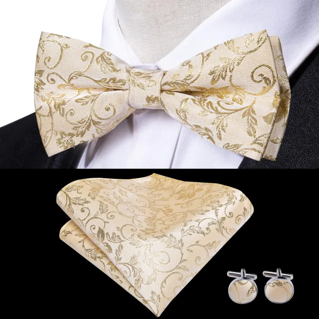 Beige Champagne Gold Mens Bow Tie Hanky Cufflinks Jacquard Floral Pre