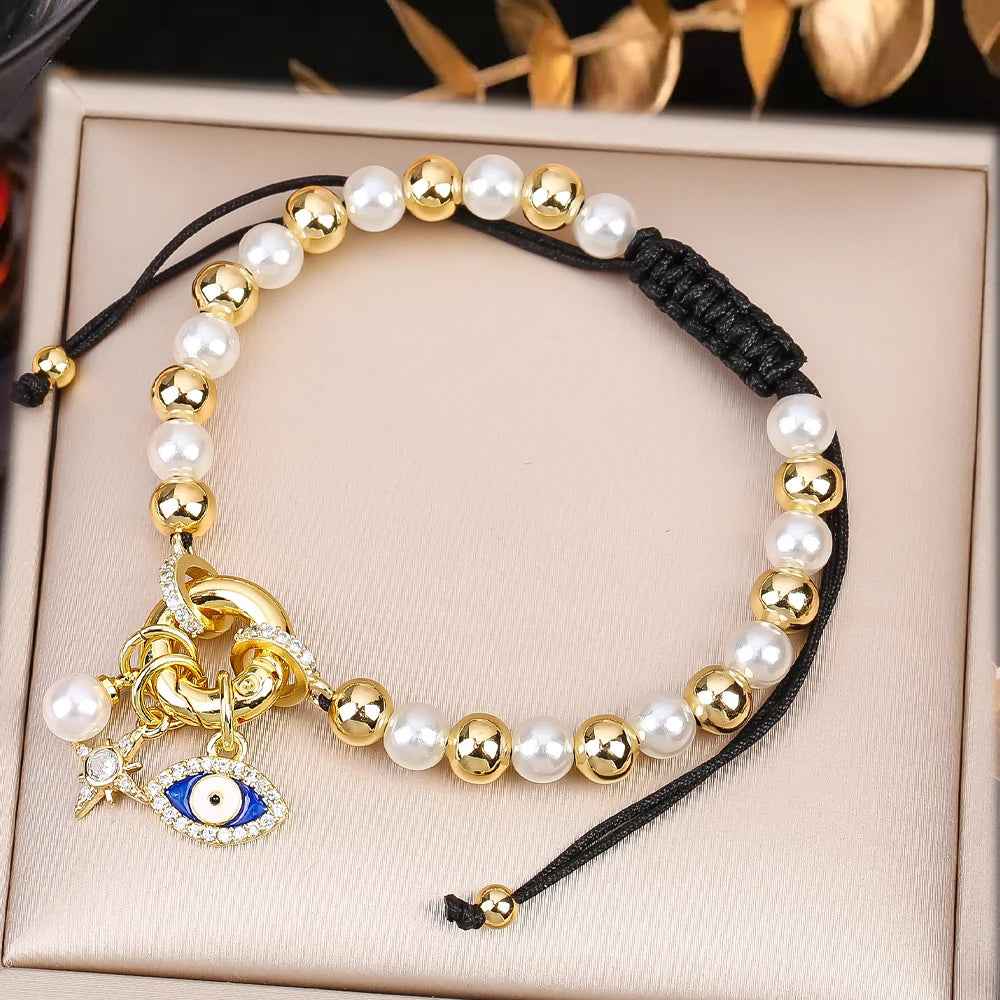 Black Rope Braided Pearl Evil Eye Copper Bead Chain Bracelet Personalized For Man Woman Birthday Holiday Jewelry Prayer Gift Qme B