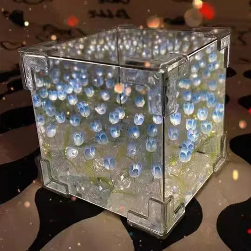 Creative Diy Tulip Flower Sea Cube Three-dimensional Small Night Lamp Qme Blue