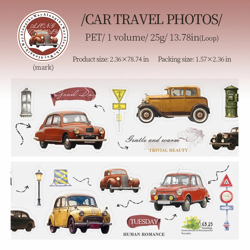 1 Roll Travel Journey Adventure Vehicle PET Tape for DIY Scrapbook Collage Art Journal Phone Case Notebook Decoration Qme 1