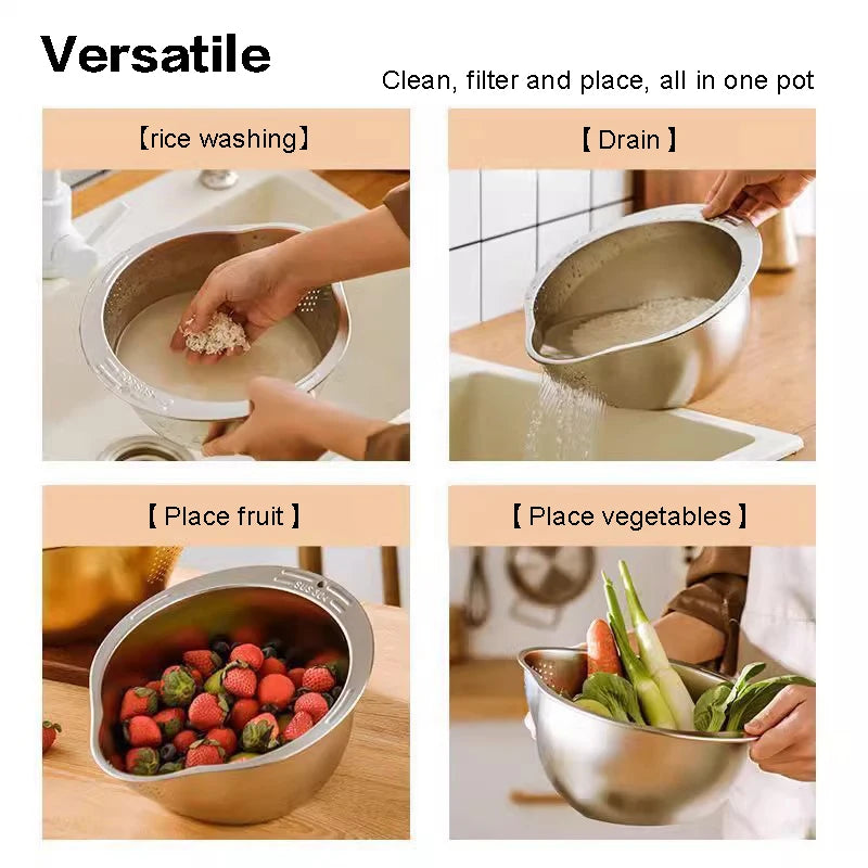 .1Pc Rice Washer Strainer Bowl Stainless Steel Rice Washing Bowl Rice Sieve Colander Fruit And Vegetable Strainer Kitchen Tools. Qme