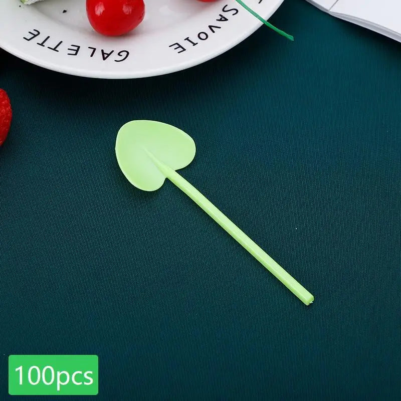 100pcs Heart Shape Disposable Spoons - Colorful Long Handle Dessert Spoons For Ice Cream, Cake, Pastry, Mooncakes | Cute Party Qme A1