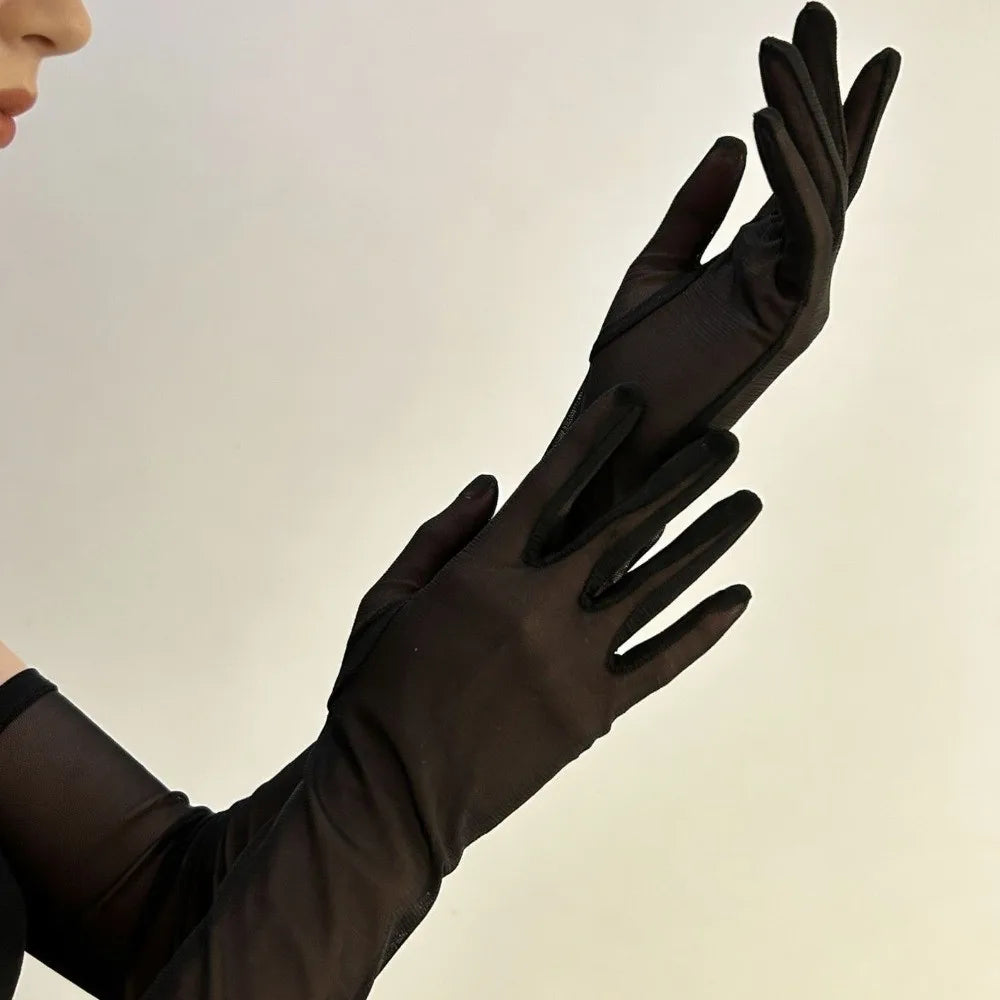 Fashion Ultra-thin Transparent Gloves Elbow Sheer Tulle Sunscreen Mittens Sun Protection Gauze Mesh Full Finger Gloves Outdoor Qme