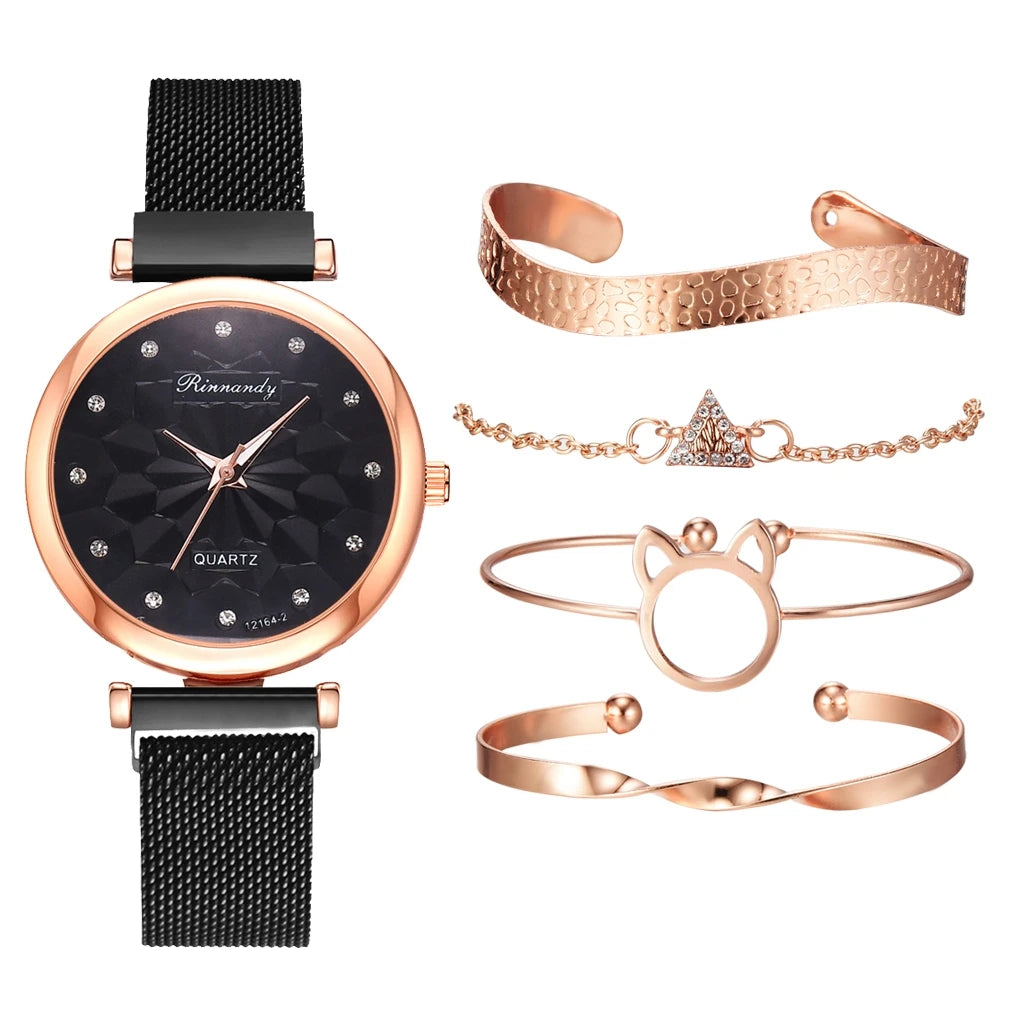 5PCS Bracelet Watches Set Fashion Women Rose Gold Mesh Belt Wristwatches Quartz Watch for Women Business Clock Relogio Feminino Qme H1-BK-RG