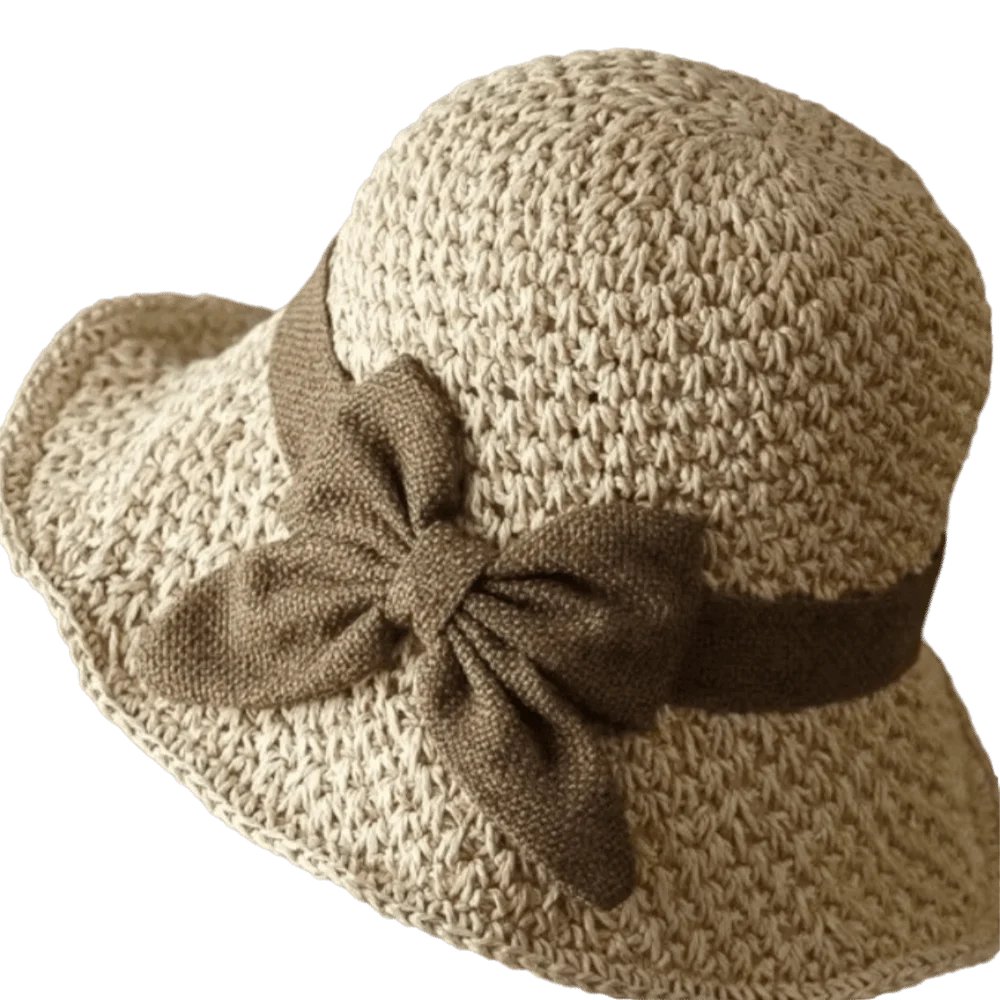 Vintage Wide Brim Beach Straw Hat Bowknot Breathable Sunshade Bucket Qme Beige Brim 10cm