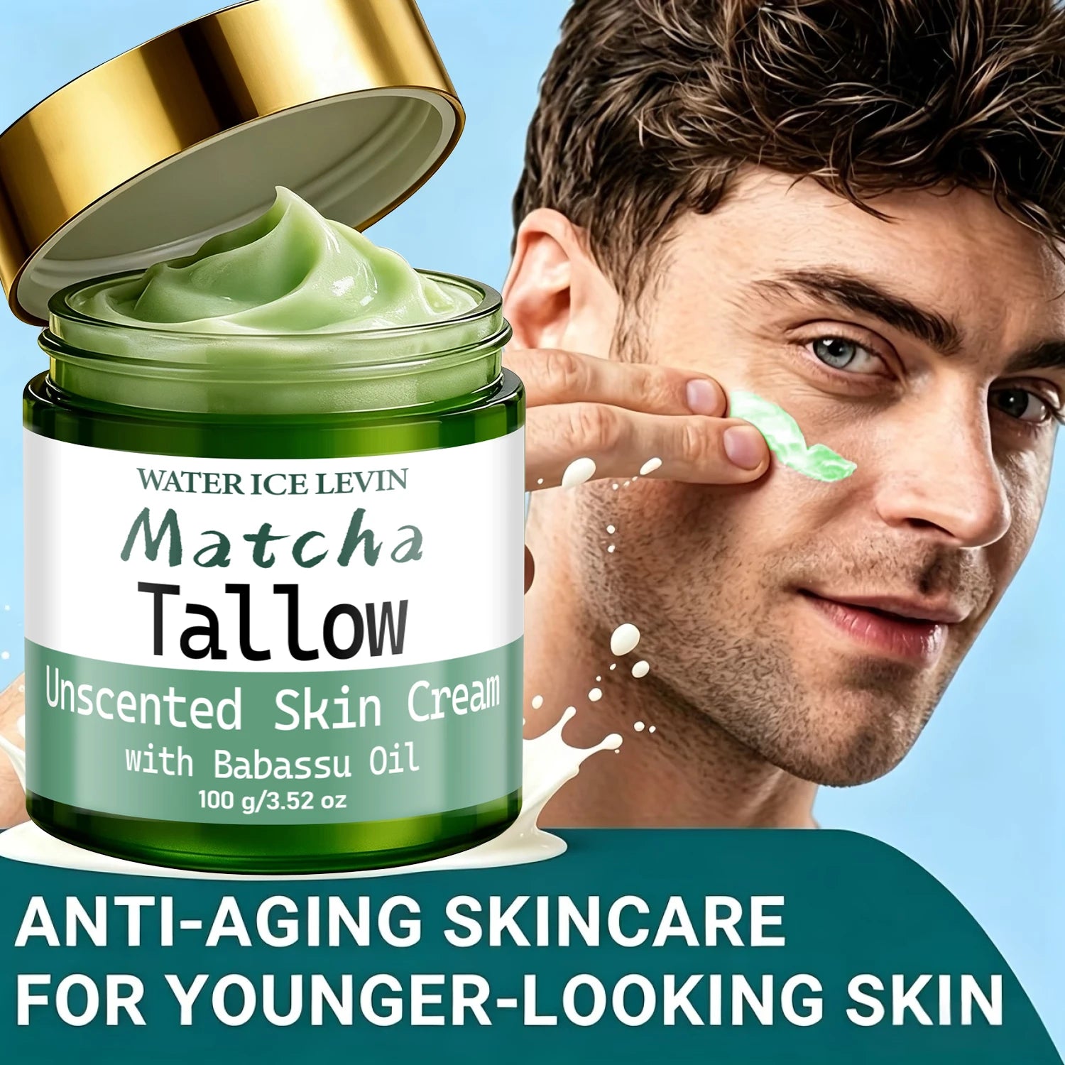 Natural Matcha Tallow Cream with Babassu Oil, Unscented Moisturizing & Firming Skin Care Qme
