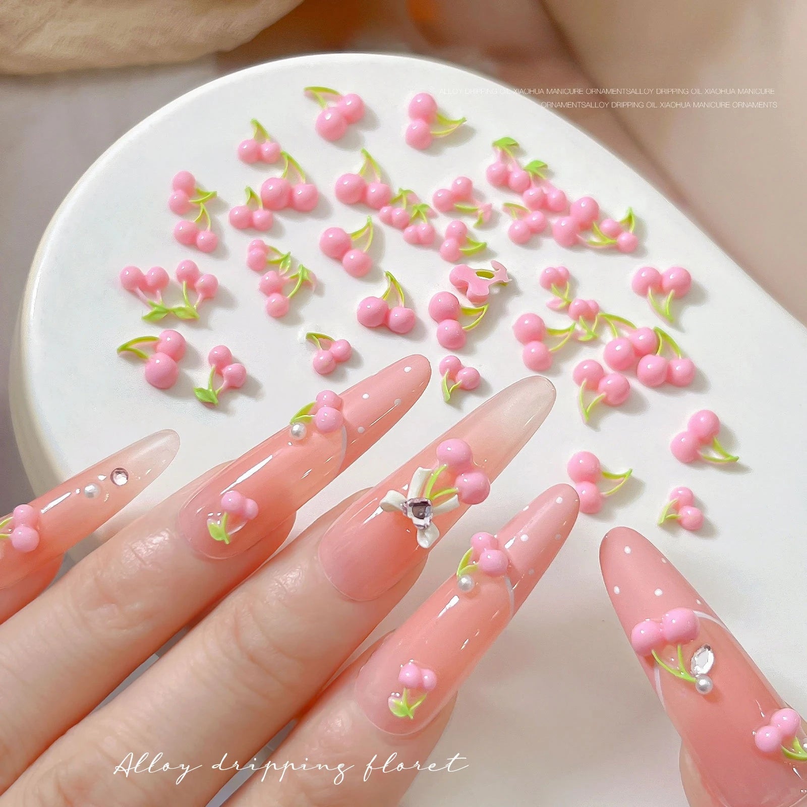 50pcs Pink Cherry Nail Charms, 3D Resin Cute Strawberry Fruit Nail Art Decorations, Flat Back Green Leaf Cherry DIY Manicure Qme