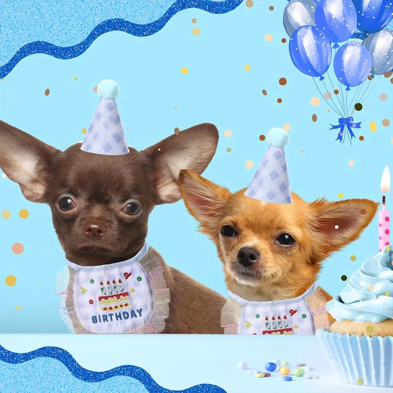2-piece Pet Birthday Hat Scarf Set - Cute Embroidered Cat Headscarf - Checkered Pattern Lace Scarf Pet Party Supplies Decoration Qme