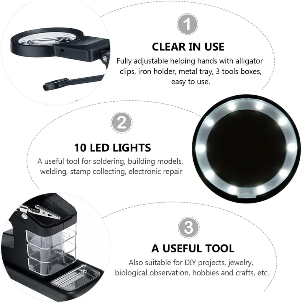 Led Light Helping Hands Magnifier Station 3X/4.5X /25X Magnifier Soldering Station Kit with Alligator Clips and Clamp for Repair Qme
