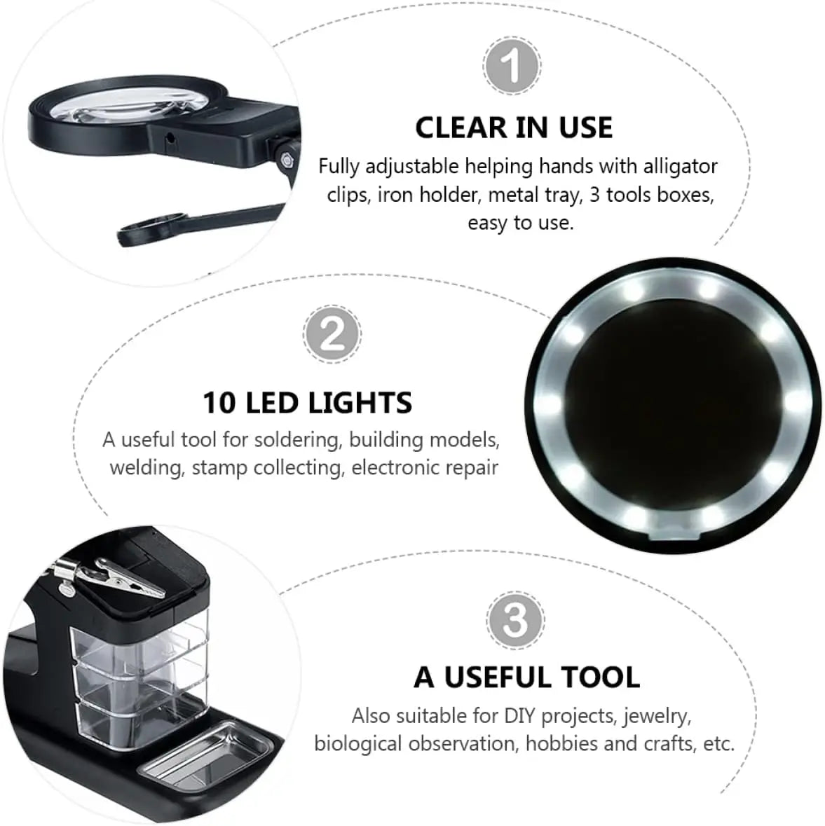 Led Light Helping Hands Magnifier Station 3X/4.5X /25X Magnifier Soldering Station Kit with Alligator Clips and Clamp for Repair Qme