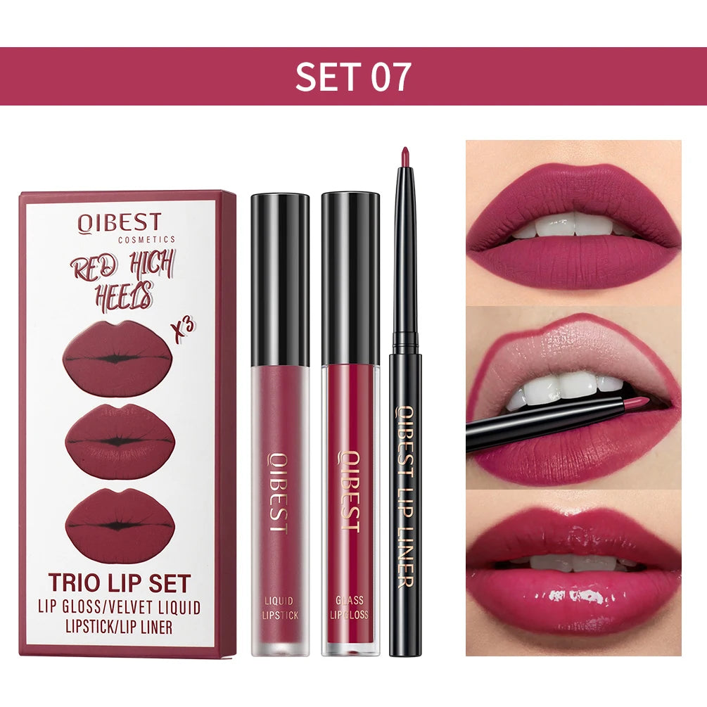 QIBEST Matte Liquid Lipstick&Lip Liner&Lip Gloss 3Pcs Sets Long Lasting Non-stick Cup Red Black Purple Lip Tint Cosmetics Kits Qme 07