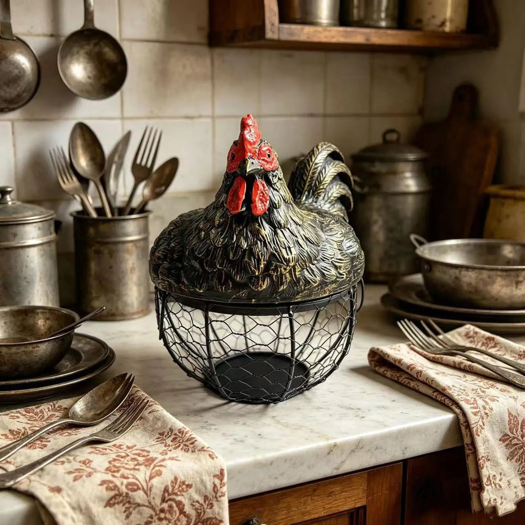 Egg Collecting Basket Chicken Design Lid Organizer Container Portable Round Collectiong Basket For Home Countertop Living Room Qme
